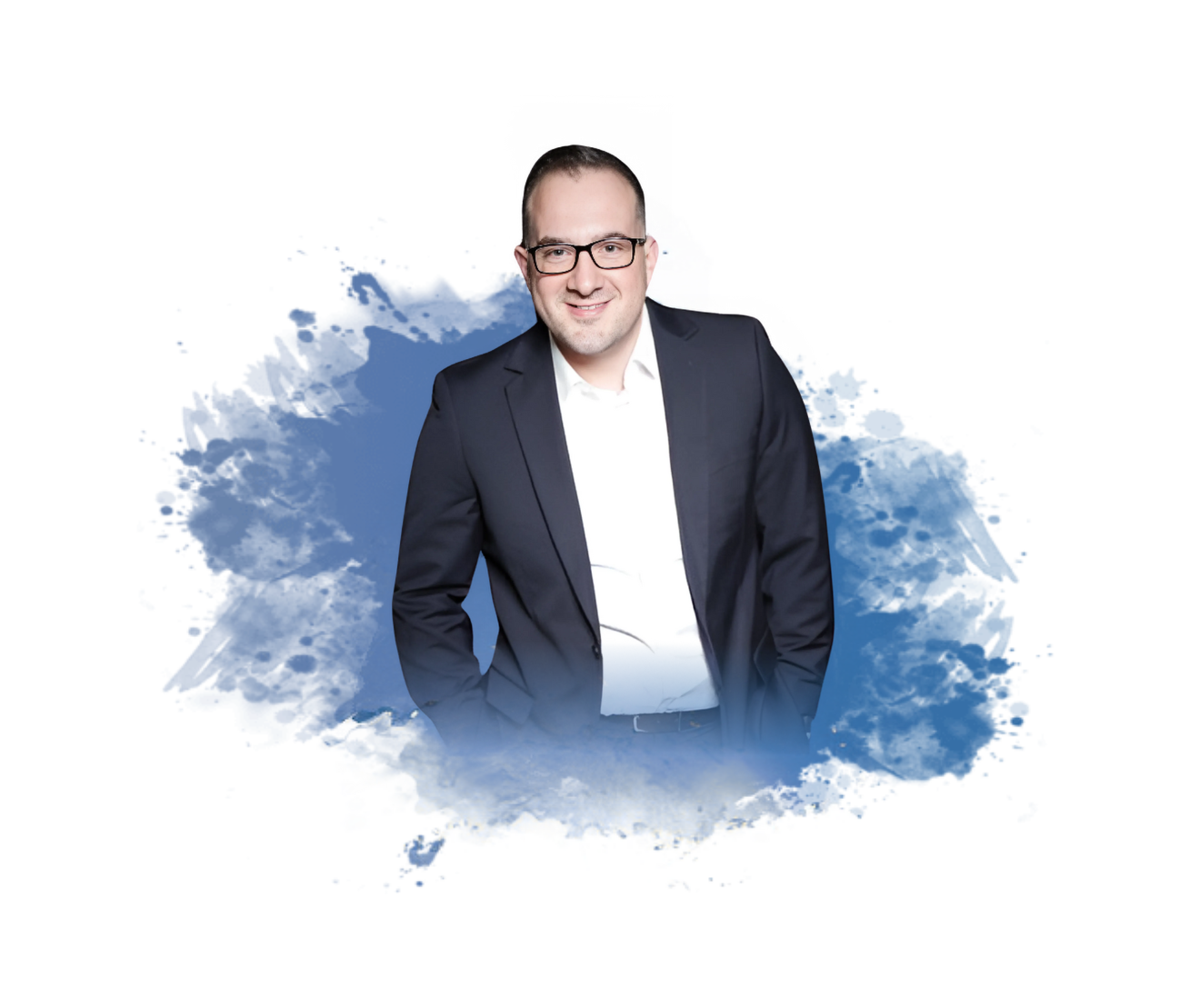 A man in a blue shirt with a happy expression